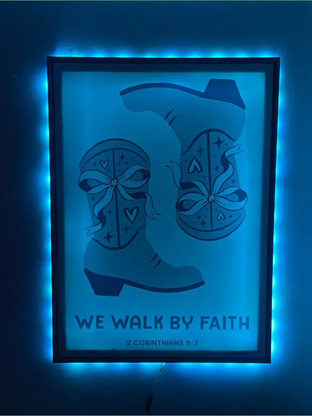 We Walk By Faith Cowboy Boots LED Wall Art - Blue
